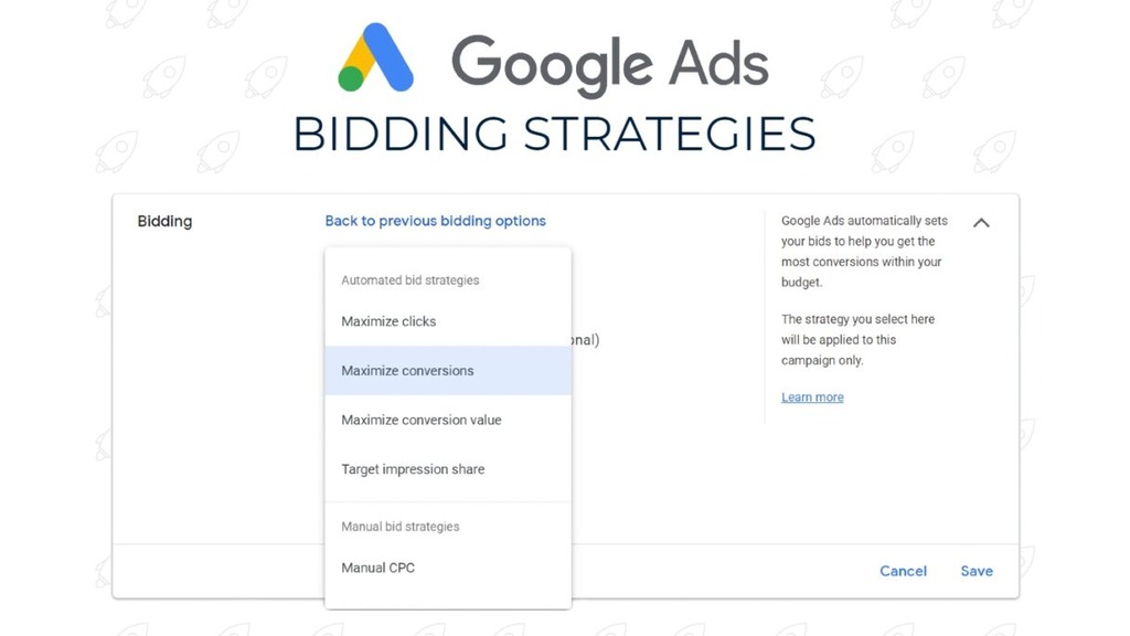 The homepage of Google Ads Bidding strategies. 