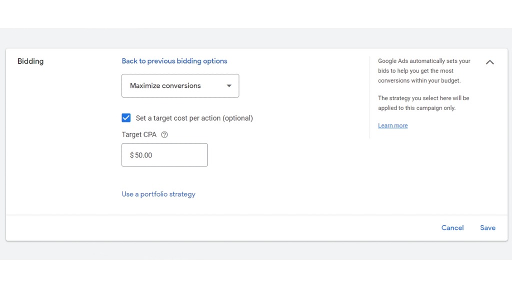 A screenshot of the maximize conversions function. 