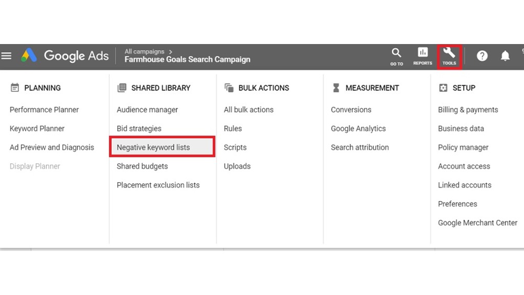 A screenshot of Google Ads negative keyword list. 