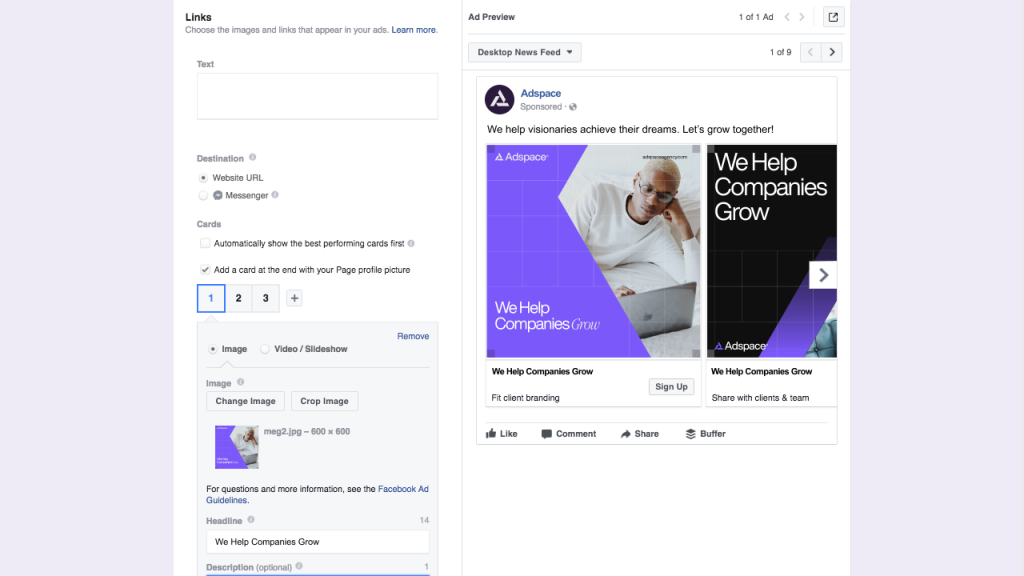 A screenshot of the ad preview feature in Facebook campaign manager. 