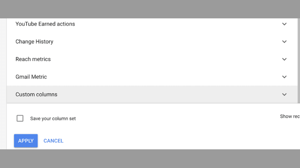 The custom column section of the Google Ads manager. 