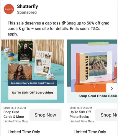 A Shutterfly ad displaying savings during college graduations.