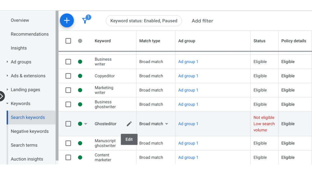 A screenshot of the keyword section of the Google Ads manager. 