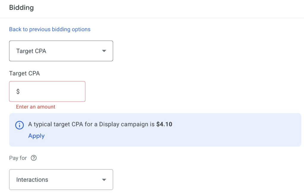 A screenshot of the Target CPA function. 