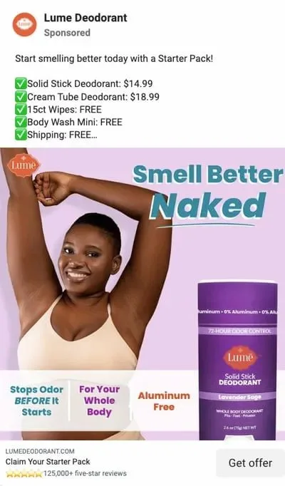 A deodorant ad with a happy woman next to an image of the deodorant stick for sale.